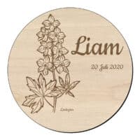 Houten bloem cirkel met ridderspoor en naam