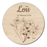 Houten bloem cirkel iris violet en naam 1 Houten bloem cirkel iris violet en naam