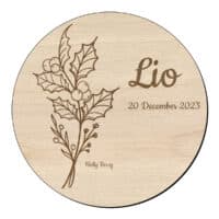 Houten bloem cirkel met hulst en naam 1 Houten bloem cirkel met hulst en naam